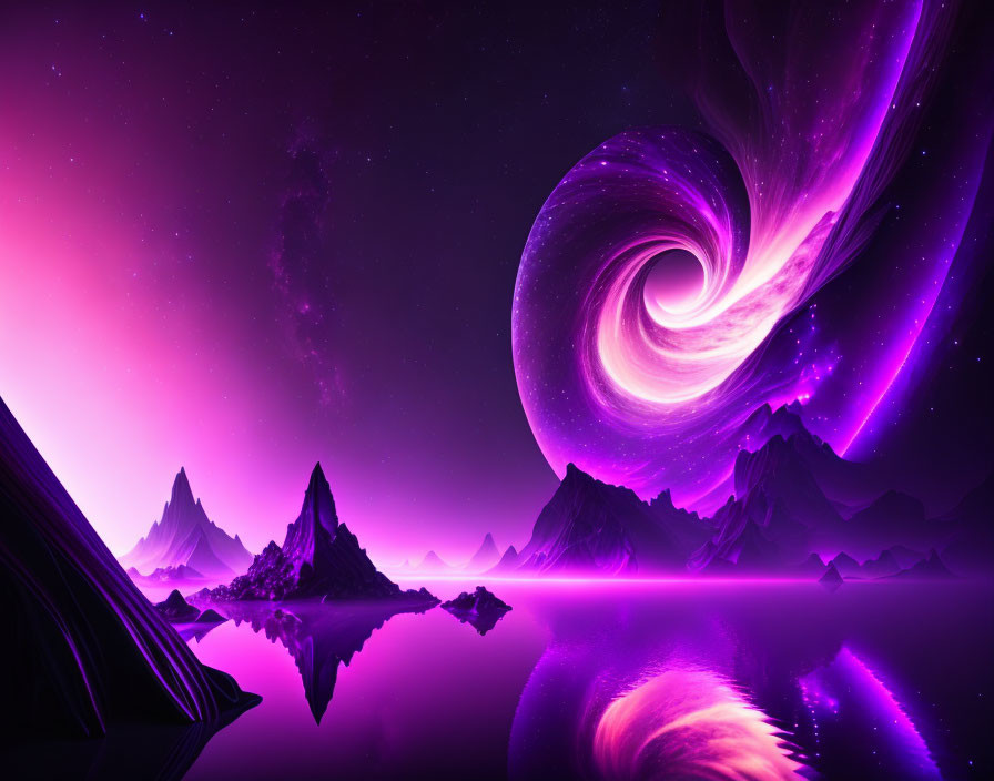 Vibrant purple and pink surreal landscape with swirling galaxies above mountains and reflective water