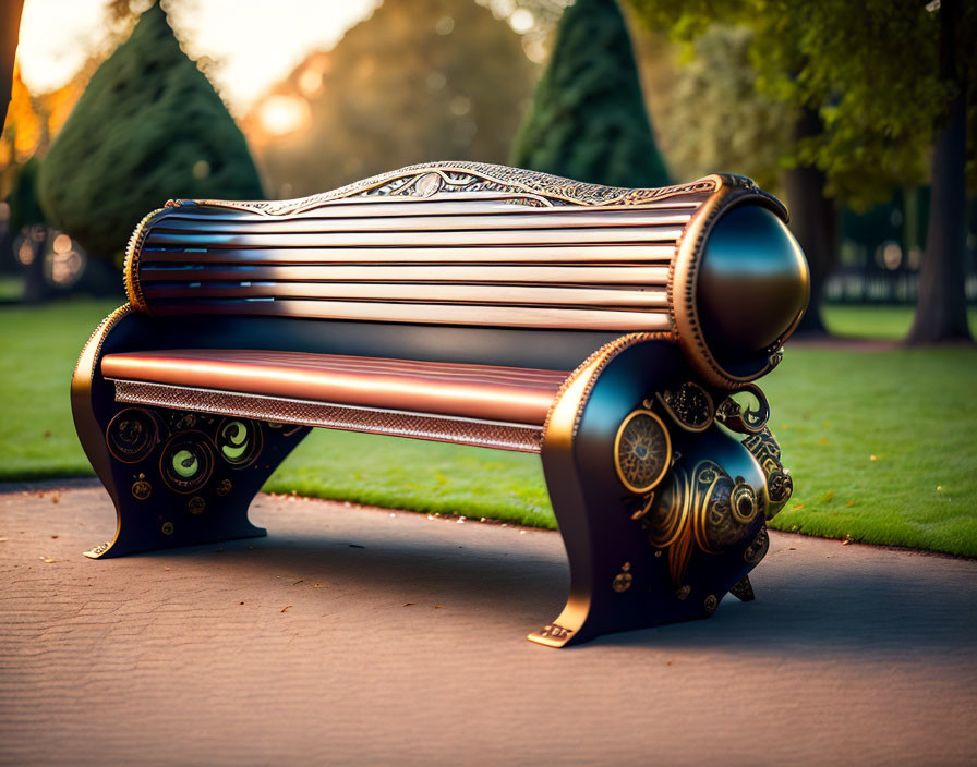 Steampunk-style bench with metalwork and wooden slats in park setting at sunset