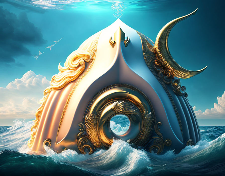 Golden floating structure with central ring and crescent moon on turbulent ocean under dramatic sky