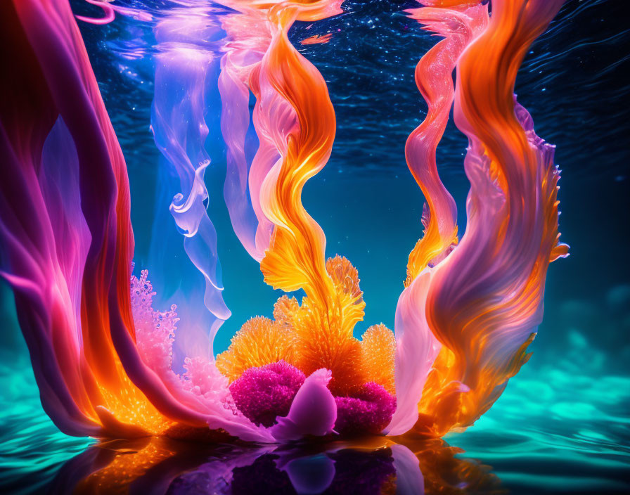 Vibrant orange and pink coral-like structures in deep blue underwater scene