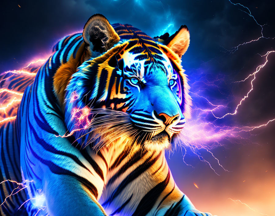 Digitally altered tiger image with vibrant blue and orange colors and lightning bolts