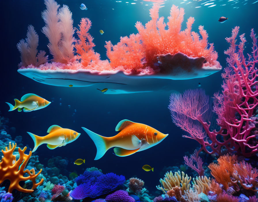 Colorful Coral Reefs and Orange Fish in Underwater Scene