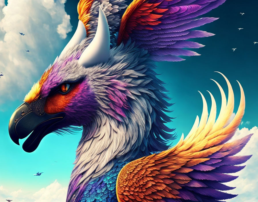 Colorful Mythological Griffin Artwork with Bright Purple Feathers