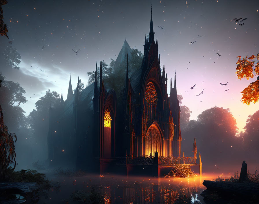 Gothic Cathedral Twilight Scene with Autumn Trees and Starry Sky