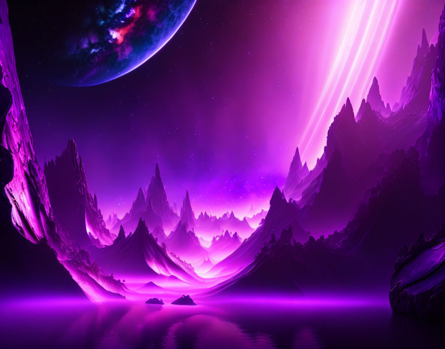 Vivid Purple Alien Landscape with Mountains and Planet in Sky