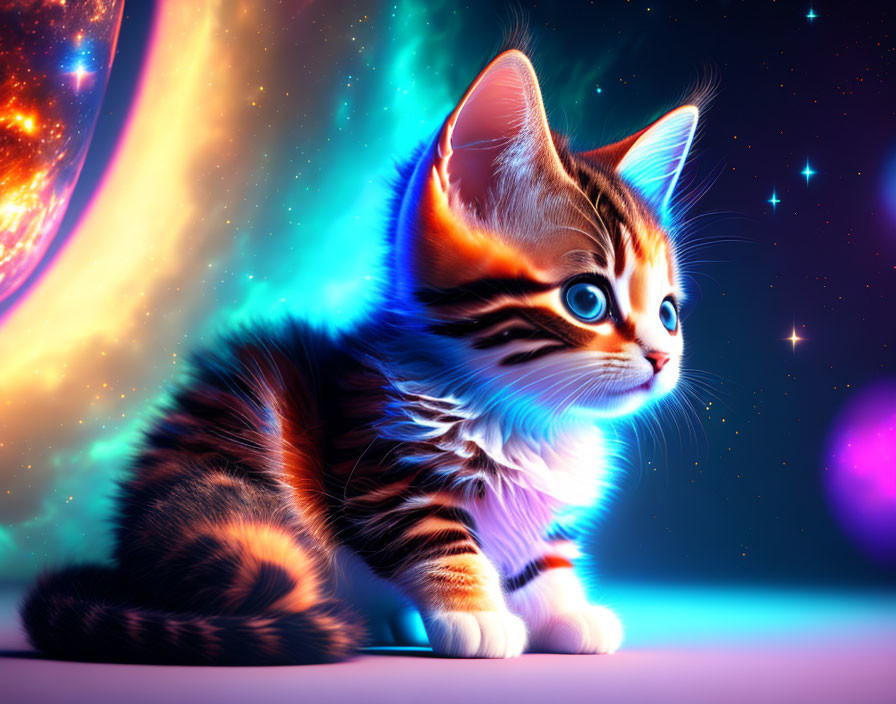 Digital artwork: Curious kitten with expressive eyes in cosmic backdrop