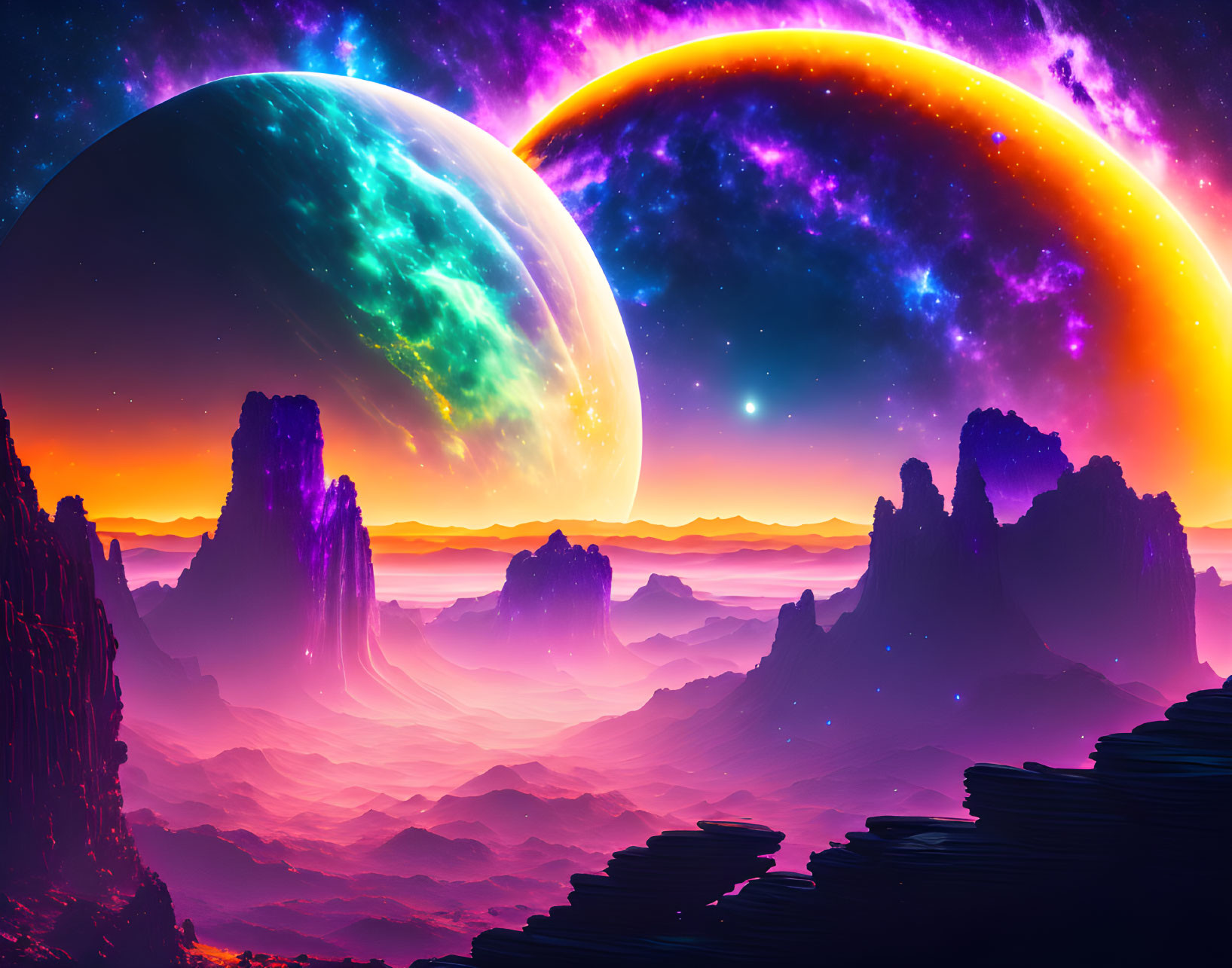 Colossal planets in vibrant sci-fi landscape