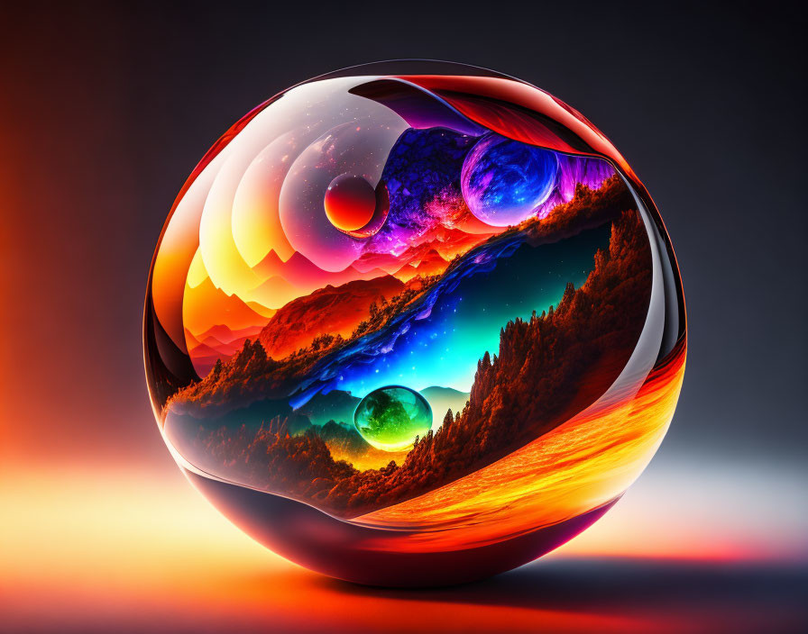 Colorful Surreal Sphere with Nebulae and Celestial Bodies on Gradient Background