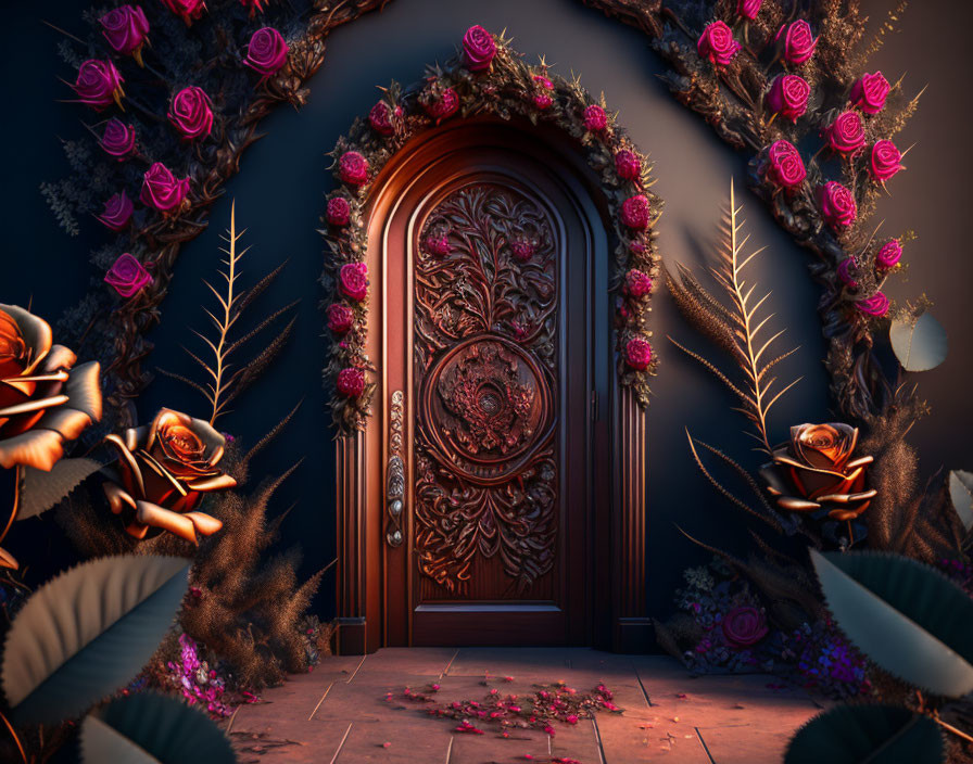 Intricately Carved Wooden Door with Roses and Vines in Mystical Light