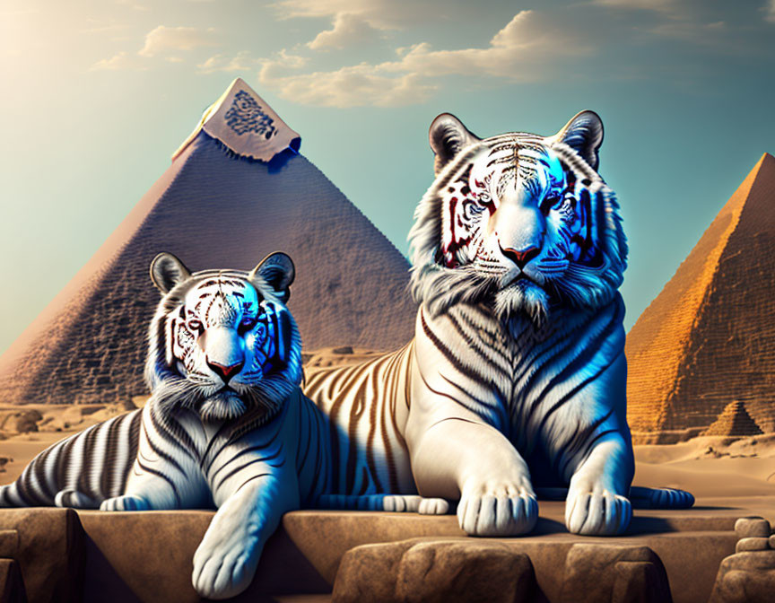 White tigers by Egyptian pyramids under blue sky