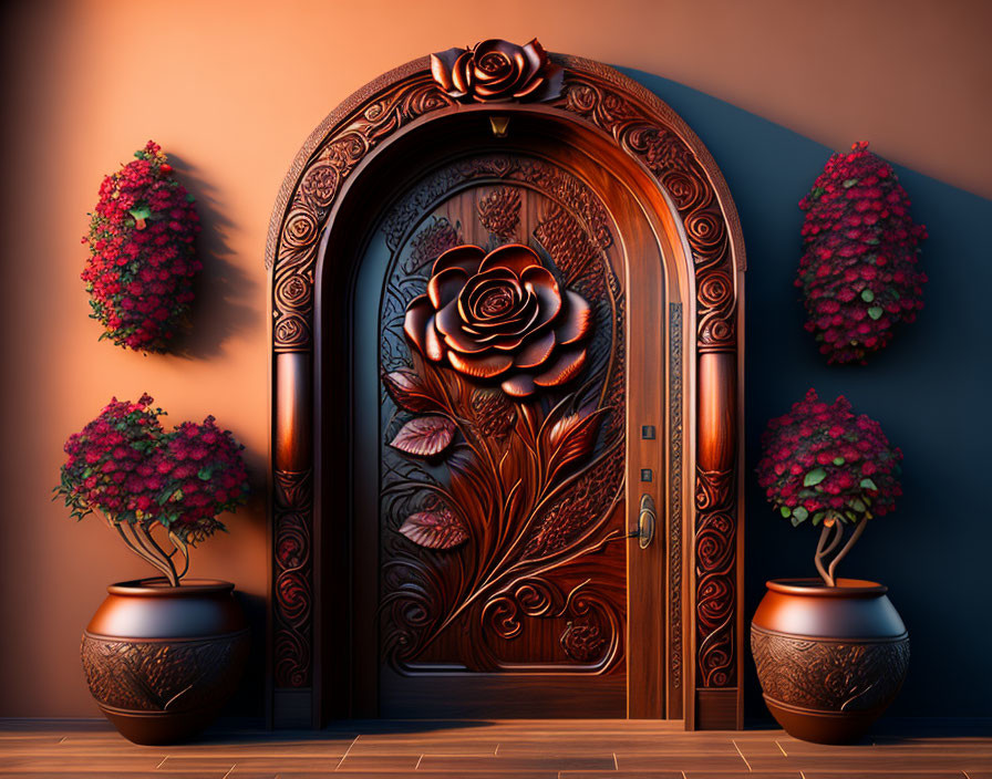 Intricate rose carvings on wooden door with potted plants and hanging flowers on orange wall