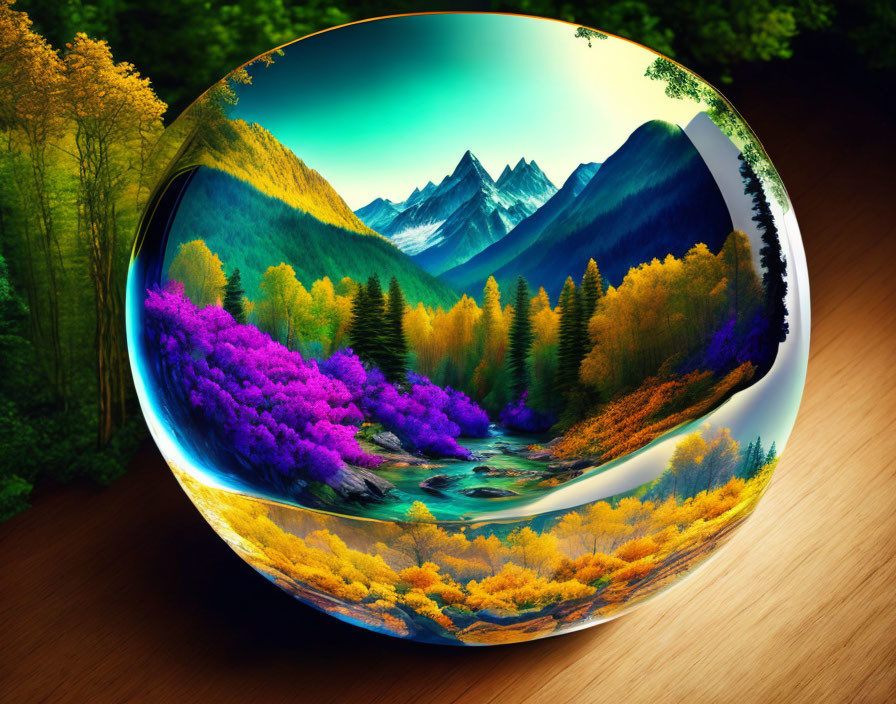 Vibrant crystal ball forest landscape with autumn colors, purple trees, reflective river, snow-capped