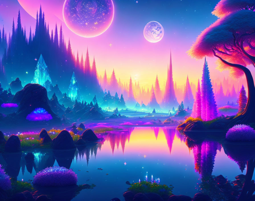 Fantasy landscape with luminous trees, crystals, reflective lake, and two moons