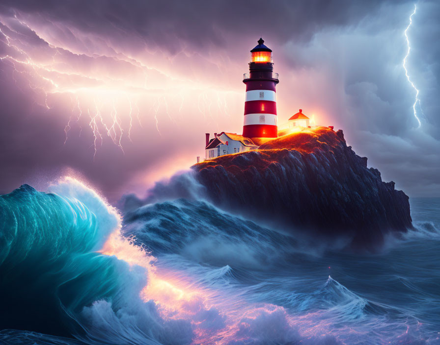 Lighthouse on Cliff in Stormy Sea with Lightning Strikes