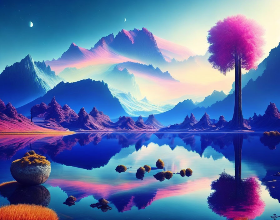 Colorful surreal landscape: pink tree, purple mountains, blue lake, twin moons