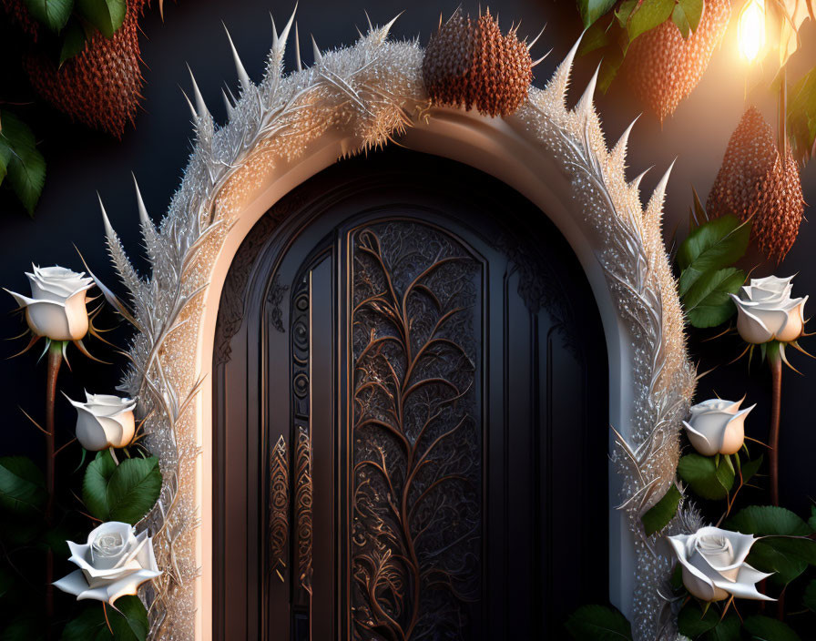 Intricate ornate door with thorns, roses, and durian fruits on dark background