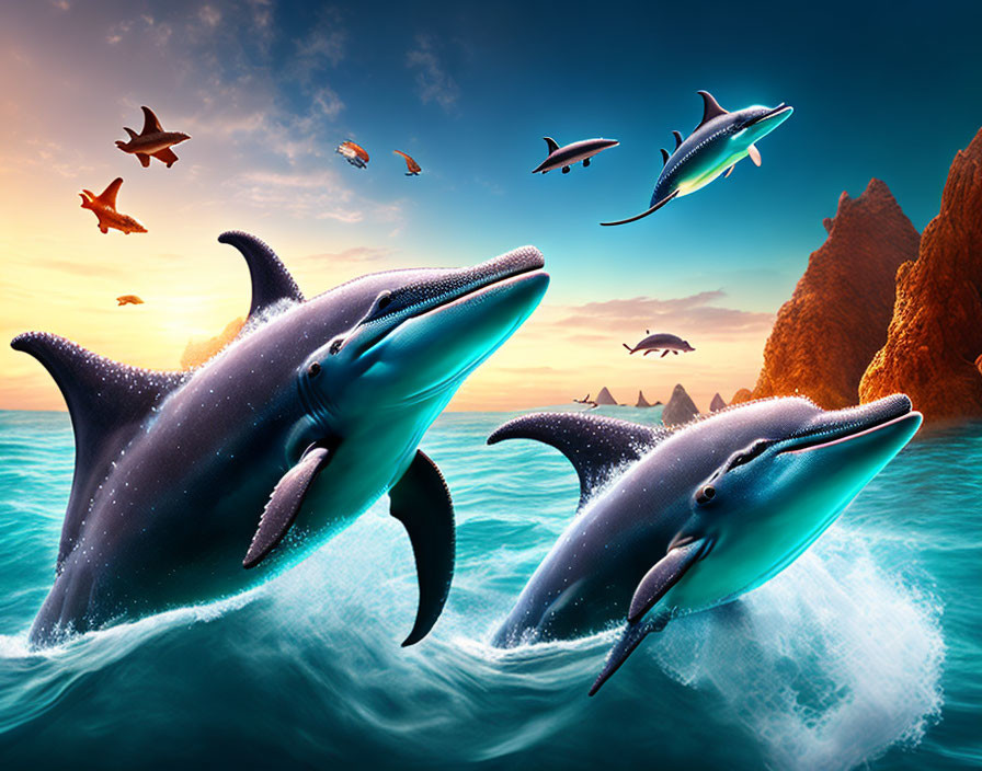 Playful dolphins and birds in colorful sunset scene