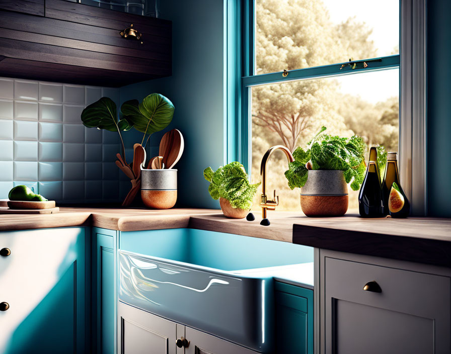 Modern kitchen with blue cabinets, wooden countertops, and greenery