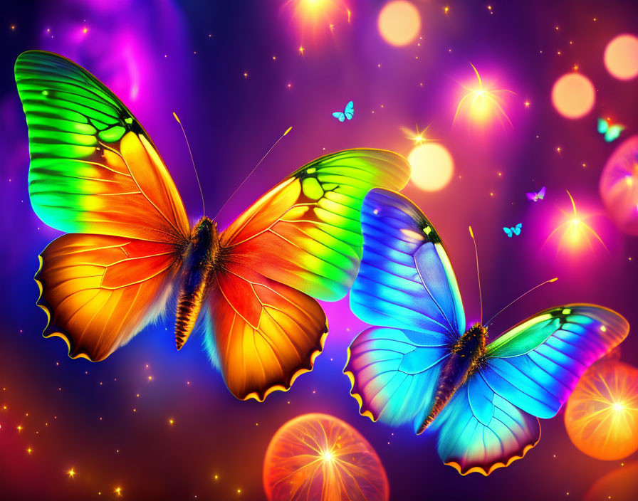 Colorful butterflies with glowing wings on cosmic background