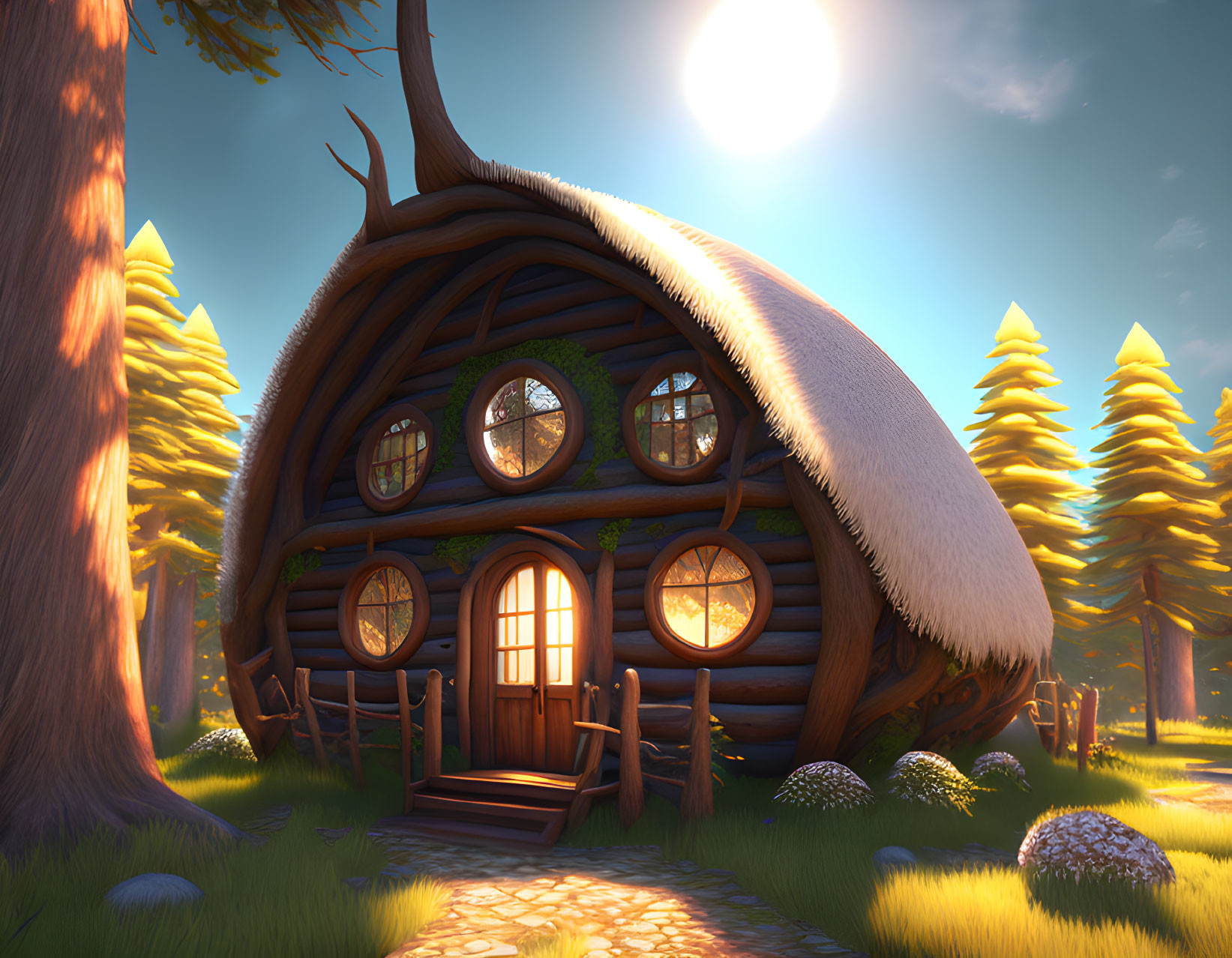 Round-windowed wooden cottage with thatched roof in serene forest glade at sunset