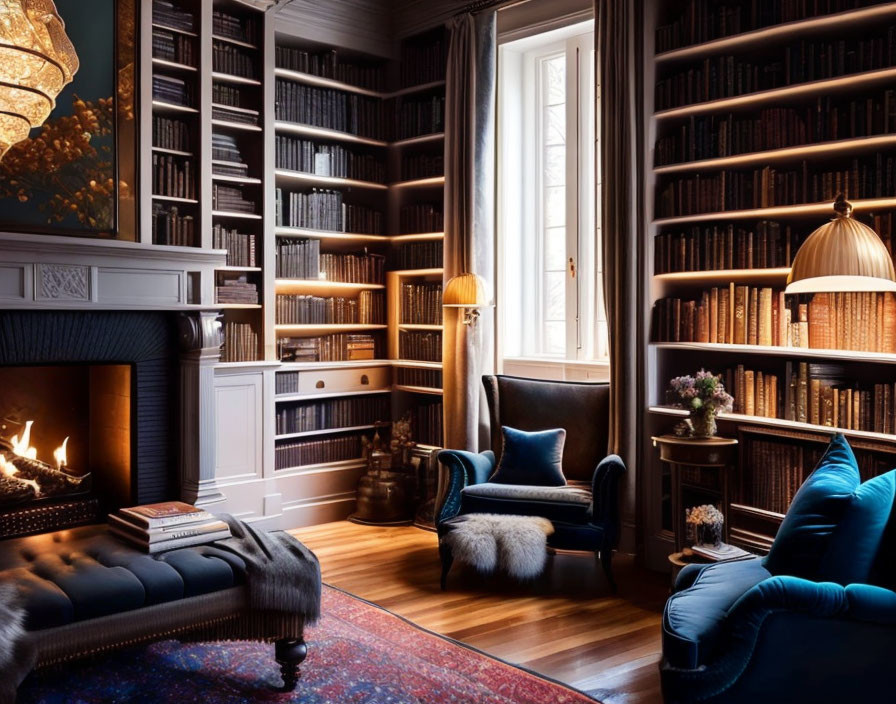 Cozy Library Room with Fireplace, Bookshelves, Blue Seating, and Traditional Rug