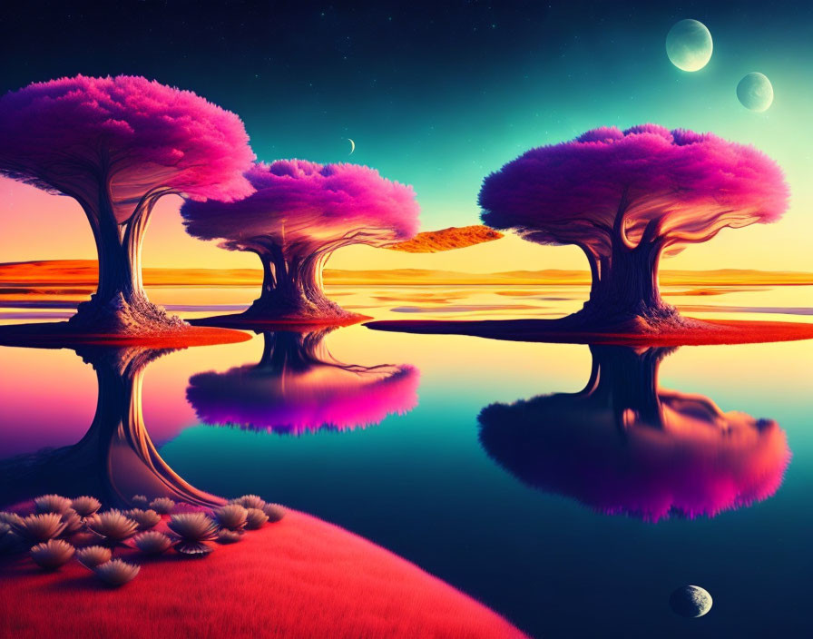 Surreal landscape with oversized bonsai trees and multiple moons