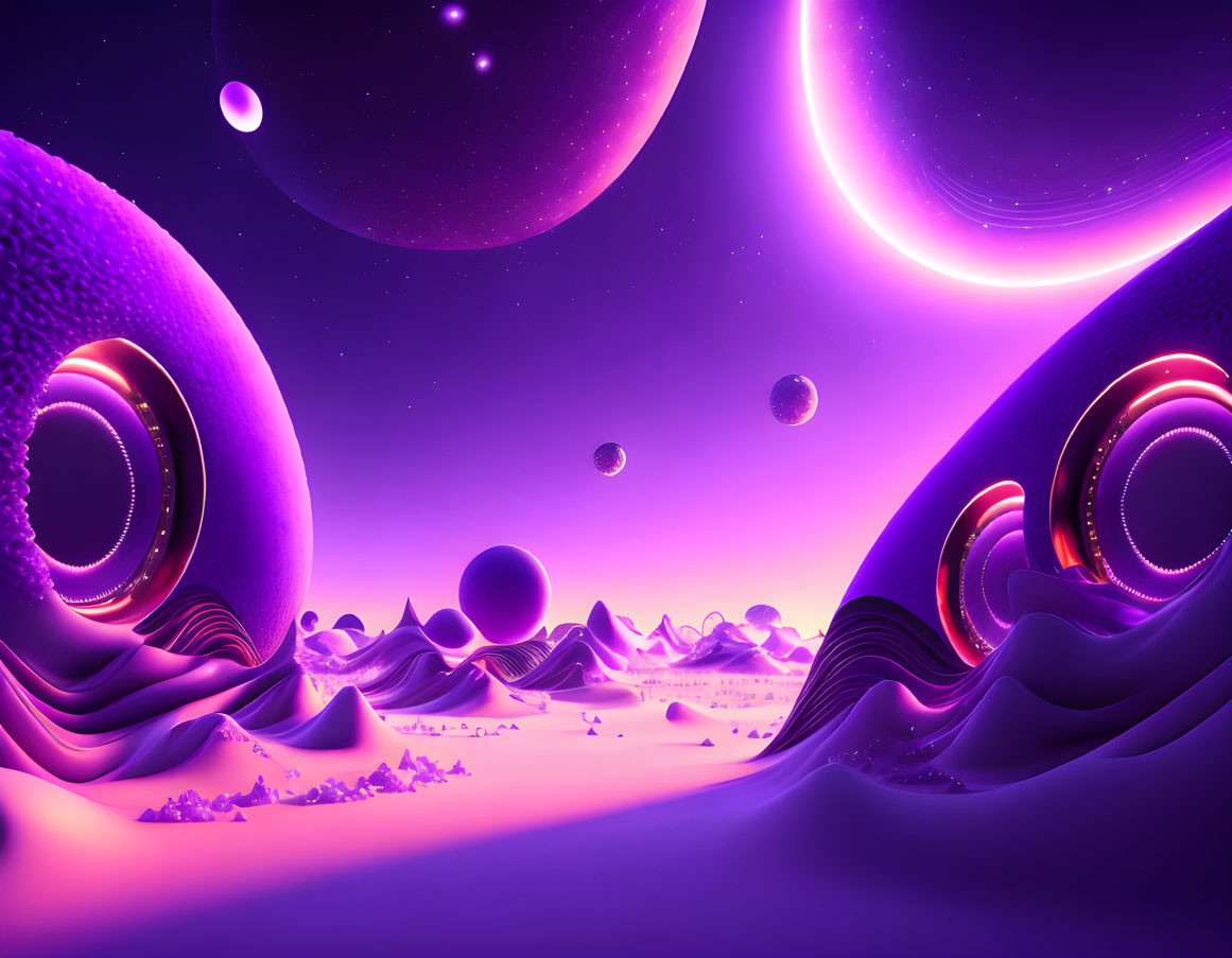 Alien landscape digital artwork with purple hues and spherical structures