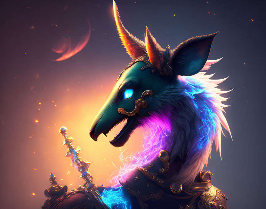 Fox-like creature with golden mask, neon fur, and ornate staff