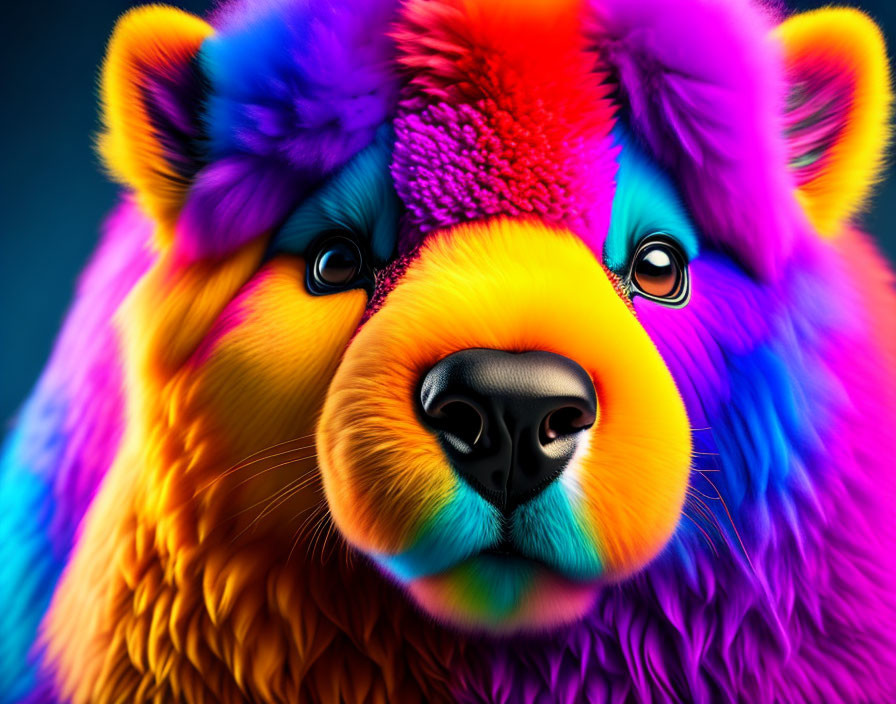 Colorful Bear Artwork with Neon Spectrum Fur & Detailed Features