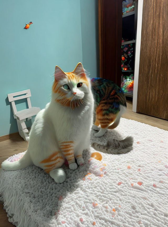 Colorful Stylized Cat Figure in Blue Room with Small Chair