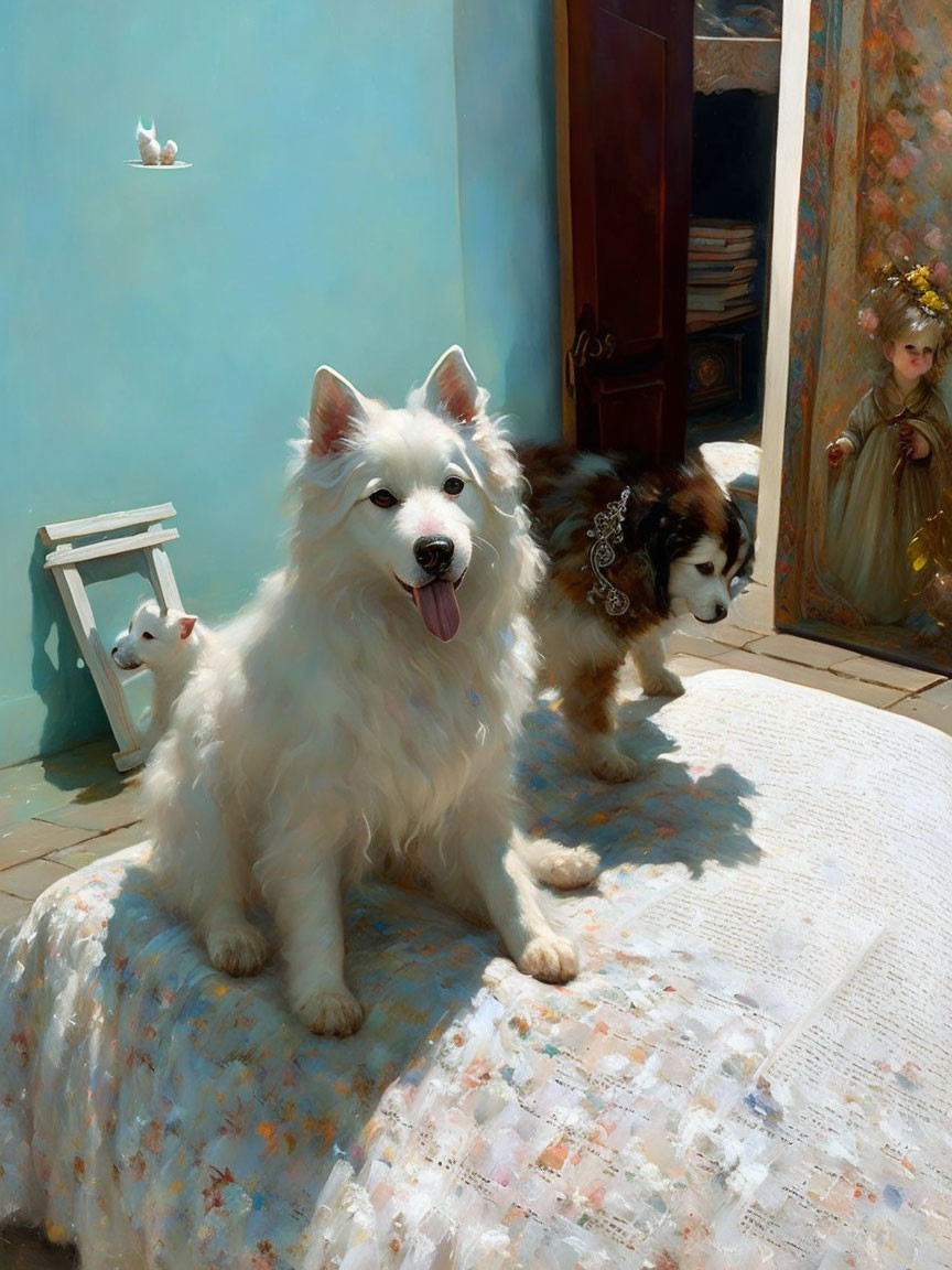 Fluffy dogs, cat, and child on sunny patio