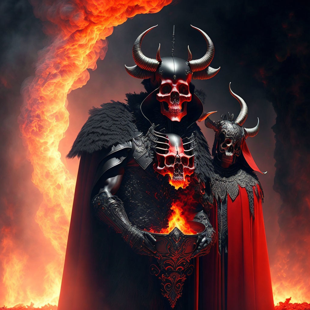 Dark Armor Skull Masks Figures in Fiery Backdrop