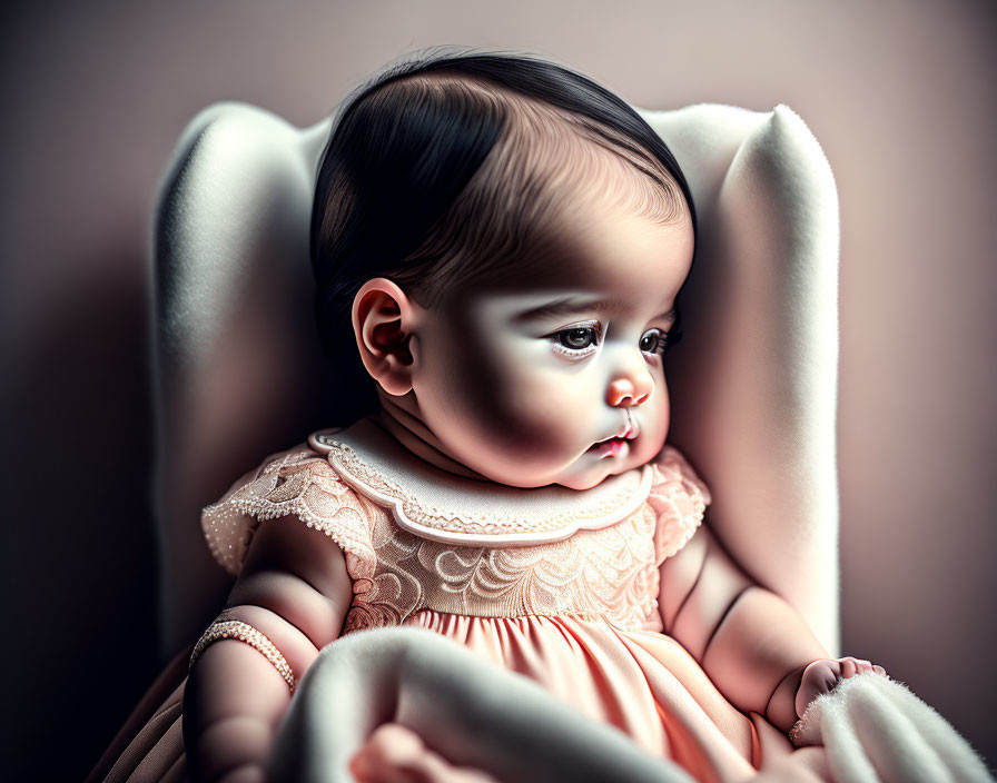 Baby in Orange Dress Sitting on White Chair