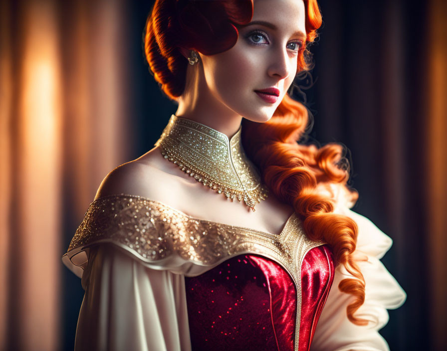 Red-haired woman in vintage waves, cream gown, and pearl choker gazes thoughtfully by curtains