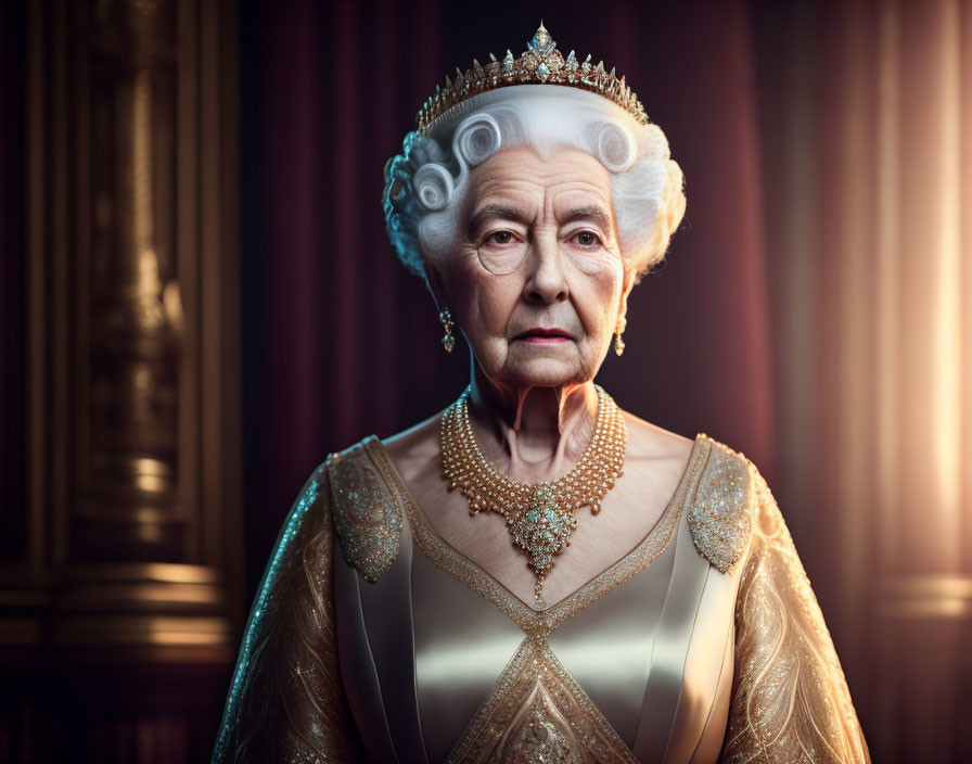 Regal Figure in Crown and Ornate Attire on Dark Background