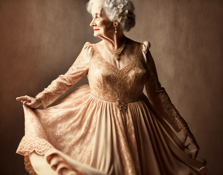 Sophisticated elderly woman in vintage golden gown and pearls, smiling elegantly.