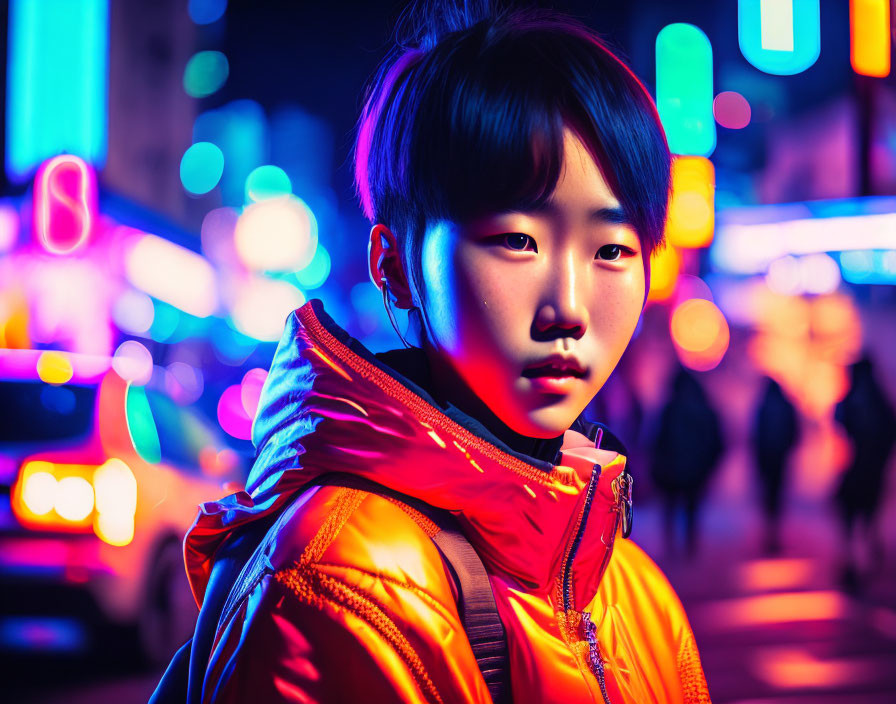 Person with Bun Hairstyle in Bright Orange Jacket Surrounded by Neon City Lights