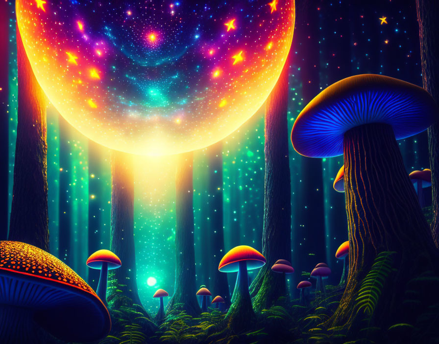 Mystical forest digital art with luminescent mushrooms under starry sky