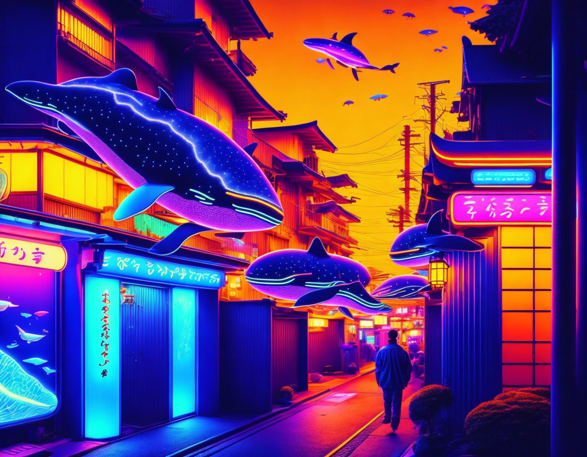 Neon-lit street with floating whale illustrations and Japanese signs