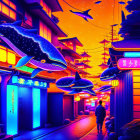 Neon-lit street with floating whale illustrations and Japanese signs