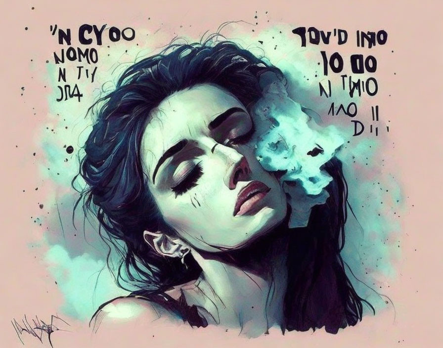 Woman exhales skull-shaped smoke in watercolor art with inverted text