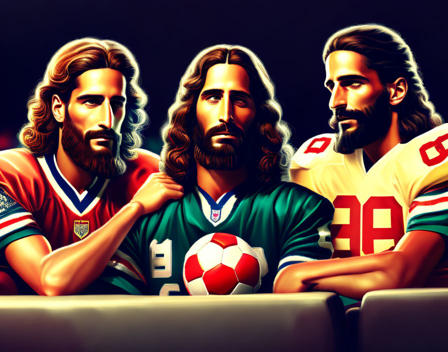 Colorful Lighting Stylized Male Figures in Sports Jerseys with Soccer Ball