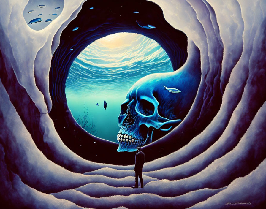 Man standing at surreal skull-shaped cave entrance underwater scene with fish under crescent moon sky