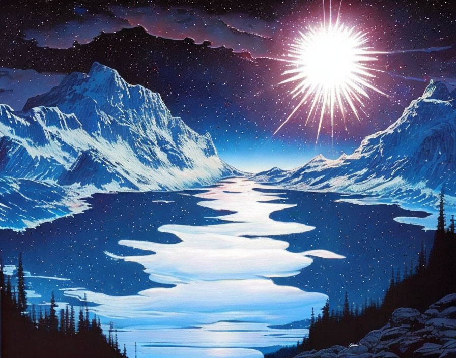 Serene mountain lake under vibrant night sky