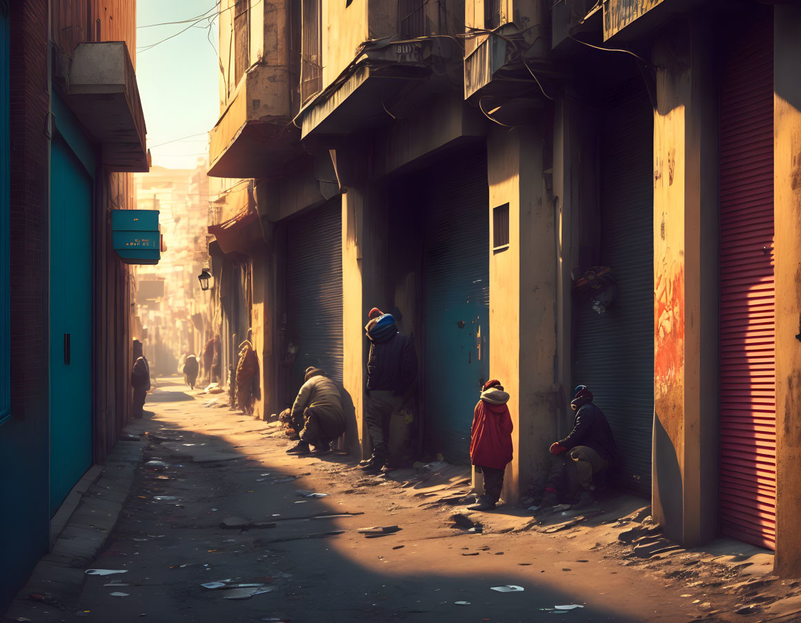 Urban Morning Scene: Sunlit Alley with People in Warm Clothes