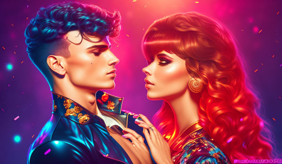 Colorful digital artwork of stylized man and woman with elaborate hairstyles in neon-lit setting