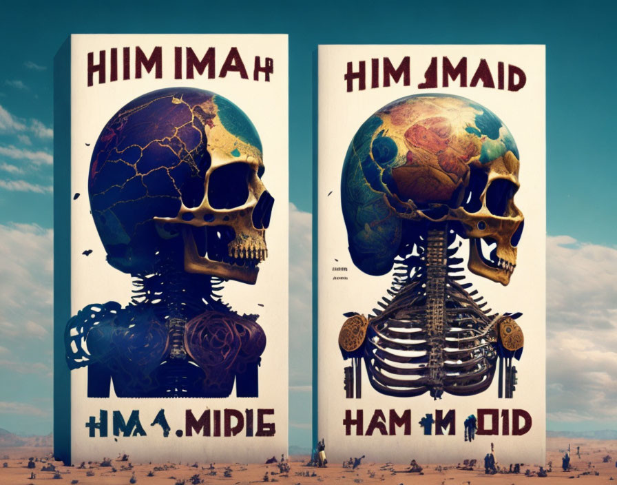 Artistic posters featuring human anatomy in desert setting with globe-themed skull & symbolic internal organs.