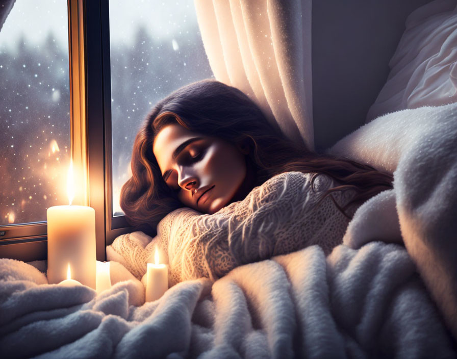 Woman sleeping by window with lit candles in snowy night