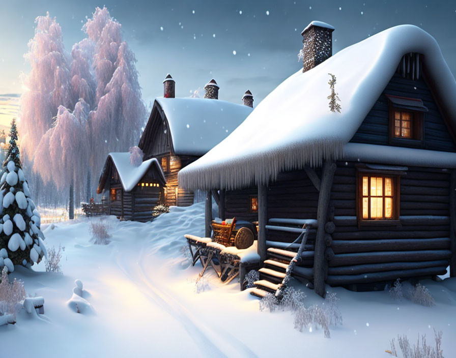 Snow-covered Log Cabins in Tranquil Winter Scene