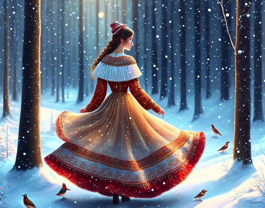 Illustrated woman in red and gold dress twirls in snow-covered forest with birds and falling snow